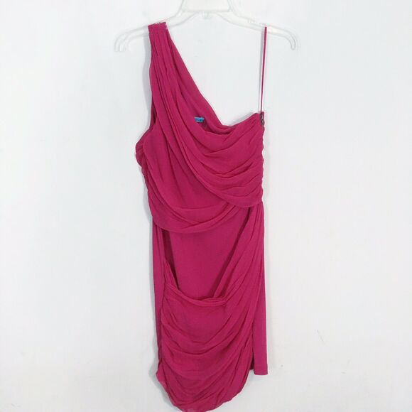 Alice + Olivia Bright Pink One Shoulder Silk Blend Mini Dress Size Large Sheath - Picture 2 of 13